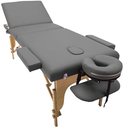 PLUS SANTE Table de Massage Pliante en Bois MIA Noir, Ivoire, Gris, Bleu, Rose, 60 ou 70cm, 3 Plans légère avec Sac de Transport et Accessoires (Gris, Largeur 60 cm)