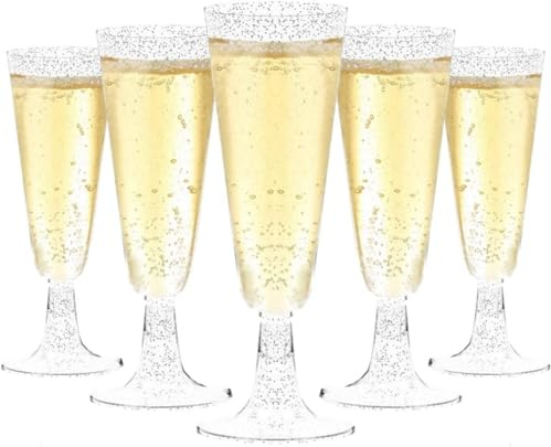 Lot de 50 flûtes à champagne élégantes en plastique avec paillettes dorées - 150 ml - Pour mariages, anniversaires, fêtes - Stable et réutilisable - Paillettes dorées