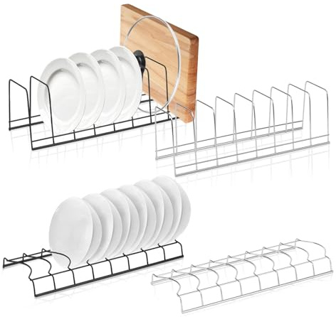 MOAMUN 4 PCS Plate Rack for Cupboard, Stainless Steel Bowl Plate Organiser | 8 Slots, Dish Drying, Space-Saving, Stacked, Kitchen Cabinet Pot Lid Bowl Plates Cutting Boards Bakeware Pan CD Book Use