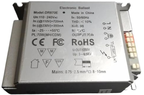 RTRCAGAKM Ballast électronique à économie d'énergie Standard US/EU DR870E AC 110-240V 70W 50/60Hz for Lampe G12, G8.5, RX7S, TT