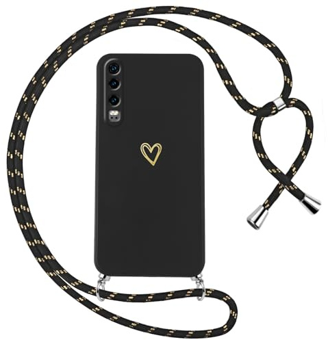 Oelrstfe Handyband für Huawei P30 Hülle mit Band Herz Motiv Handyhülle für zum Umhängen Silikon Stoßfest Ultra Dünn Weich Schutzhülle mit Kordel Necklace Kette Love Muster Case,Schwarz