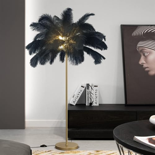 KOSHSH Stehlampe Federn Gold, Modern Federlampe Wohnzimmer 160cm LED Dimmbare Stehlampe Für Esszimmer, Sofa, Ecke (Black)