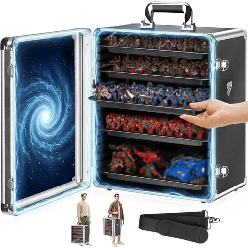 ONUEMP Miniature Storage Case Miniatures Carry Case Aluminum Alloy Frame with Shoulder Strap 6 Trays, Silver