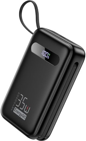 EnergyQC Power Bank, 20,000mAh 35W PD 3.0+QC 4.0 Fast Charging Portable Charger with Built-in USB-C in&Out Cables, Battery Pack for iPhone 17/16/15/14/13/12 Series, Galaxy, iPad, AirPods, Black