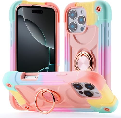 Gunroc for iPhone 16 Pro Max Case with 360°Rotate Ring Stand,Military Grade Drop Shockproof,Full Body Protection,Heavy Duty,3-Layer Protective Cover Case for iPhone 16 Pro Max Pink