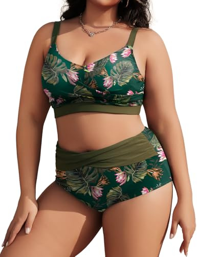 Tuopuda Bikini Mujer Talla Grande Push Up Cintura Alta Traje de Baño Dos Piezas Conjunto de Bikini Biquini con Relleno Bikini Top con Brasileño Braga Alta Natacion Playa M-4XL, Verde, XXL