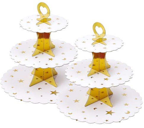 Soleebee Alzata per torte in cartone, a 3 piani, espositore per cupcake, torrone, dessert, muffin, accessori per feste per matrimoni, compleanni, feste, torte, panini, tortiere (2 pezzi, Golden Star)