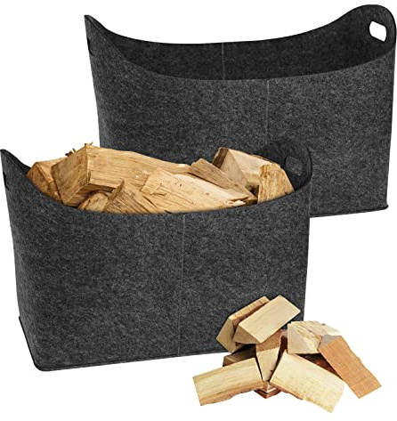 FIVMEN Lot de 2 paniers à bois en feutre extra épais pliables avec poignées de transport - Grand panier à bois de chauffage - Sac à provisions - 55 x 30 x 40 cm - Gris foncé