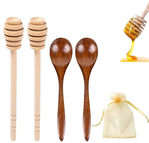 2PCS Honey Stick,Honey Spoon,Sturdy Honey Dipper,Stirring Wooden Spoon for Honey,Easy to Clean Used for Stirring Honey Tea,Coffee Jam,Comes with 2PCS Honey Wooden Spoon and 1 Gold Storage Yarn Bag