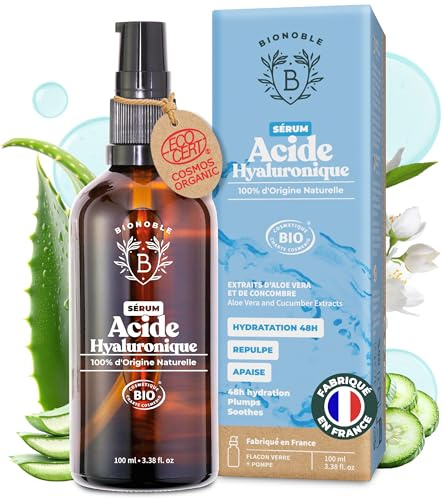 BIONOBLE Hyaluronsyra Ansiktsserum Ekologiskt - Anti Aging - 100ml | 100% Naturligt Ursprung, med Aloe Vera - Fuktgivande - Vegan, Organic Hyaluronic Acid Serum - Glasflaska med Pump