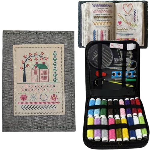 FiTspi Broderi stygnbok, bärbar mini sysats med tyg, trådar, nålar och mönster för gör-det-själv heminredning, kreativ minibroderi provbok för gör-det-själv-älskare och nybörjare