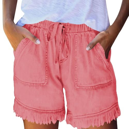Generisch Damen Jeansshort Sommer Mode Jeans Shorts Hoher Taille Gerades Bein Sport Lässige Lockershorts mit Kordelzug Kurze Hose mit Taschen Gummiband Freizeitshorts 1#Rosa M