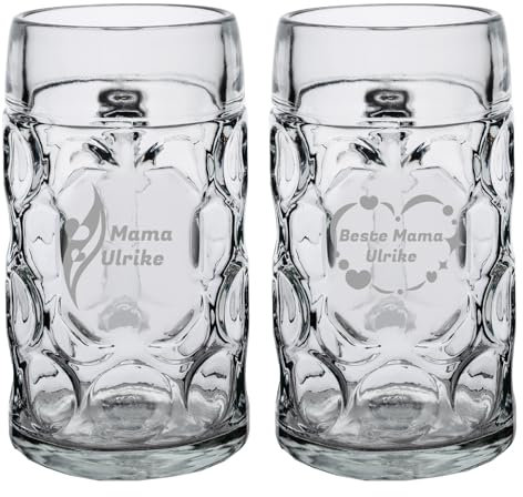 LUXENTU Maßkrug Isar mit personalisierter Gravur, 1 Liter, Bierkrug mit Muttertags-Motiv, Individuelle Lasergravur, Krug mit Augen-Facetten, Persönliches Geschenk für Mama, Spülmaschinenfest