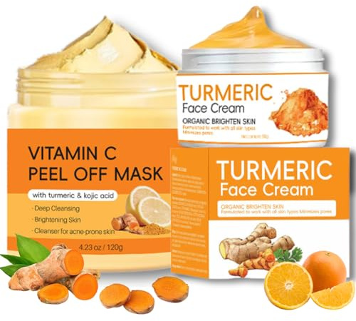 2PCS Turmeric Face Cream & Clay Mask Set for Face, Turmeric Skincare Set for Glowing Skin, Best Vitamin C Peel Off Face Mask for Blackhead Removal, Anti-Aging, Hydrating & Soothing