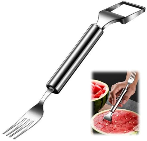 2 in 1 Watermelon Fruit Cutter, Stainless Steel Fruit Slicer Useful Gadgets, Kitchen Gadgets Multifunctional Melon Mango Watermelon Cutter for Kitchen, Summer Family Party Forks (Sliver,1)