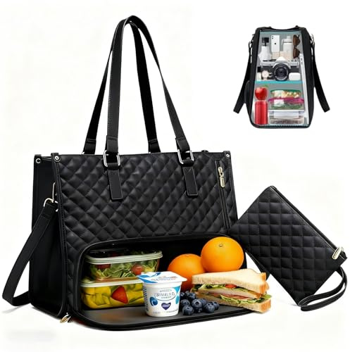 Chingcoo Lunchtasche Damen 2-in-1, 15,6 Zoll Laptoptasche & Isolierte Lunch Bag für Frauen, Elegante Multifunktionale Tragetasche für Arbeit, Uni, Büro & Reisen (Schwarz)