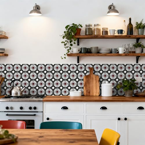 Tile Stickers for Bathroom Waterproof Black Red PVC Vinyl Backsplash Stick On Tiles Self Adhesive Waterproof Oilproof Home Decor for Kitchen, Living Room Fireplace Stairs
