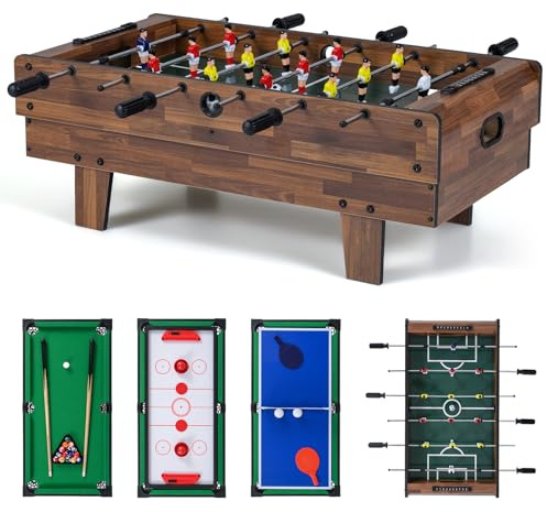 COSTWAY 4 in 1 Spieltisch, Tischkicker & Billard & Air Hockey & Tischtennis, Multifunktionstisch aus Holz, Tischfußball für Spielzimmer, Bars, Kickertisch für Kinder, Erwachsene (Rustikales Braun)