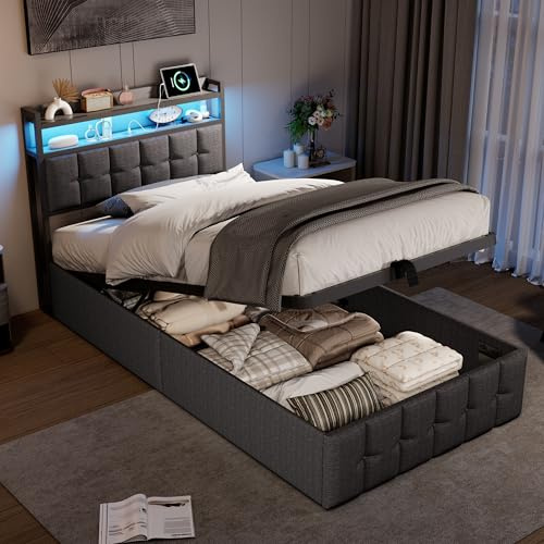 BRILVERDE Letto singolo 90 x 200 cm, con vano portaoggetti, LED/USB, letto per ragazzi con testiera, struttura del letto con rete a doghe, telaio del letto per ragazzi (grigio, 90 x 200 cm)