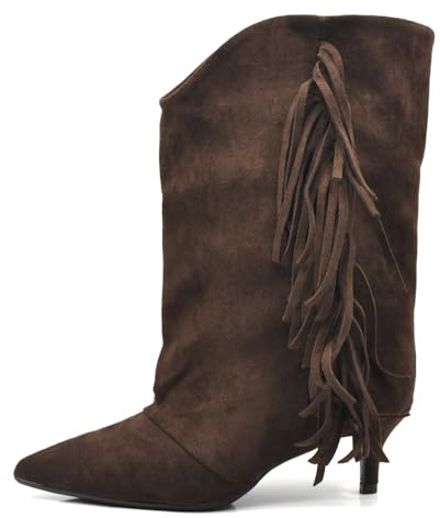 IF Stivali Donna Western con Frange e Gambale Largo – Stivaletti a Punta Casual Con Tacchetto GA055