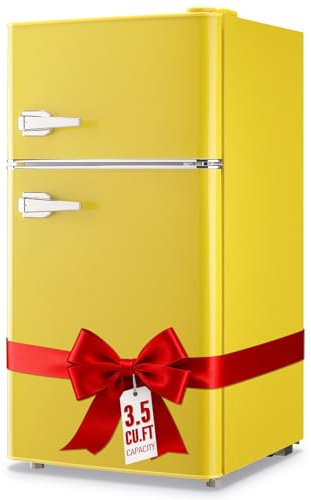 WANAI 2 Door 2 Handle Mini Refrigerator with Freezer-on-top, Spacious 3.5 Cubic Feet Capacity Small Fridge with 7-Level Adjustable Thermostat & 2 Removable Shelves Yellow