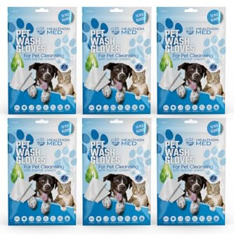 HEALTHON MED 6 Pack Pet Wash Gloves for Dogs & Cats (60 Gloves) | No Rinse Pet Grooming Gloves with Barrier Cream & Aloe Vera | Hypoallergenic Cleaning Gloves for Paws, Fur, Face & Sensitive Skin