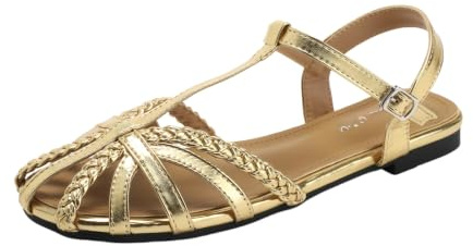 Sandalias Planas para Mujer con Punta Cerrada, Tejido, Estilo Jaula Romano, con Corte y Tira en T con Correa en el Tobillo