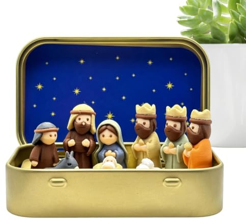 Julkrubba scen uppsättning 3D-Utskriven Tennlåda Med Religiösa Figurer | Julens Krubbscen Figuriner för bokhyllan öppna spisen inomhusanvändning kontoret nattduksbordet