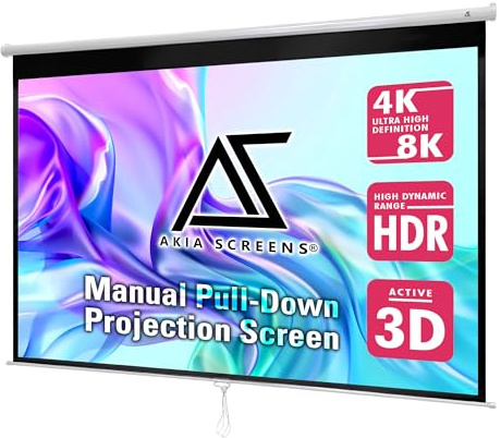 Akia Screens 100 Inch Manual Pull Down Projector Screen, 16:10 Retractable Projection Screen, 4K 8K HD Ready, Wall or Ceiling Mount, Auto-Locking Indoor Home Theater Screen, White Case (AK-M100X1)