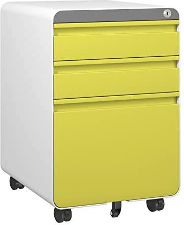 Dripex Metall Rollcontainer Stahl Rollcontainer mit 3 Schubladen und Hängeregistratur Abschließbarer Büroschrank Bürocontainer 5 Räder Aktenschrank 40 x 45 x 60 cm