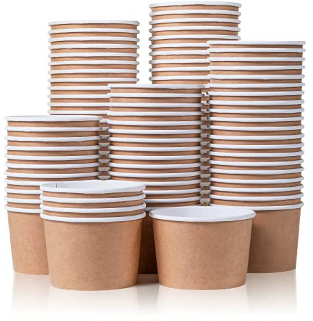 Paper Ice Cream Tubs and Soup Bowls, 100-Count, 266 ml, Kraft Brown, Hot/Cold Paper Snack Cups, Disposable Ice Cream Cups, Soup Bowls
