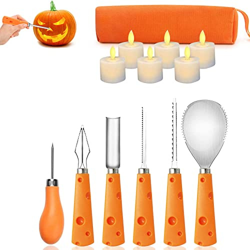 Lottogo Pumpkin Carving Set, Halloween Pumpkin Carving Tools 6 pcs Stainless Steel Pumpkin Carving Kit and 6 pcs LED Candle Light for Halloween Pumpkin Decoration