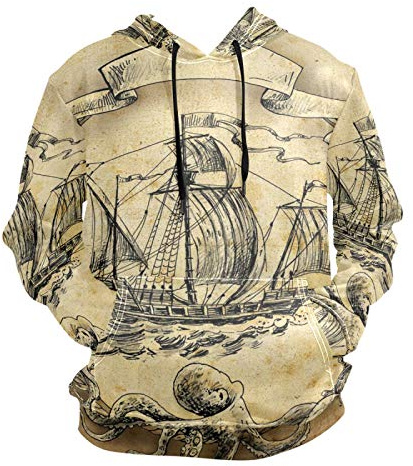 PUXUQU Herren Hoodie Sweatshirt Jahrgang Tintenfisch Segeln Schiff Langarm Pullover Hooded Hoody mit Taschen