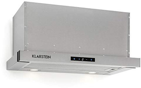 Klarstein Vinea - Campana extractora 60 cm cocina bajo mueble extraible, Vidrio de seguridad, 610 m³/h máx. extracción humo, Iluminación, Filtro de grasa, Clase Energética A, Gris metalizado