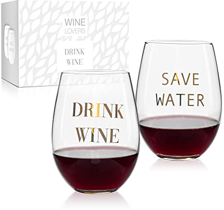 ILP GMBH I LOVE PRODUCTS Weingläser Save Water Drink Wine 500 ml stiellos | 2er Set stiellose Weingläser mit Goldaufdruck, in Geschenkverpackung, Geschenk für Weinliebhaber und Paare