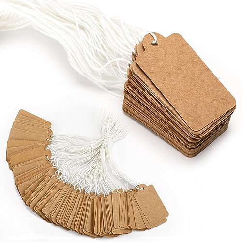 G2PLUS 500 Stk Kleinen Preisetiketten Hängeetiketten, Braun Markierungsetiketten, 25mm*45mm Preisschilder Geschenk Anhänger mit Schnur