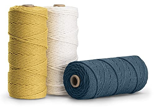 Navaris Makramee Garn 3er Set - Baumwollschnur für DIY Projekte Wandteppich Traumfänger - Natur Baumwolle Baumwollkordel - Türkis, Senf, Cremeweiß