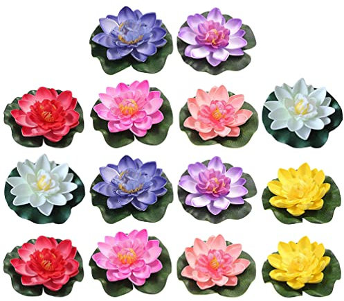 UKCOCO Liliendekor 14 Stücke Künstliche Lotusblume Kunststoff Lotusblüte Seerose Wasserlilie Schwimmend Lotus Gef?lschte Lotusblume für Garten Pool Aquarium Dekoration Ornament