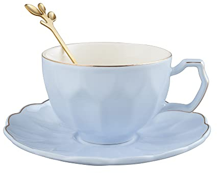 fanquare 200ml Blaue Kaffeetasse mit Löffel, Elegante Porzellan Teetasse mit Untertasse, Britische Frauen Teetasse für Hochzeit, Geburtstag Geschenk