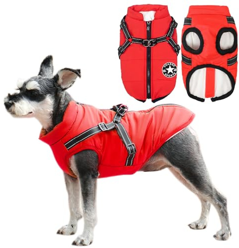 Voarge Hundjacka, vinterväst, jacka, hundrock med sele för små hundar, vattentät, maskintvättbar, design med reflekterande ränder, med hållbar D-ring (storlek M, röd)