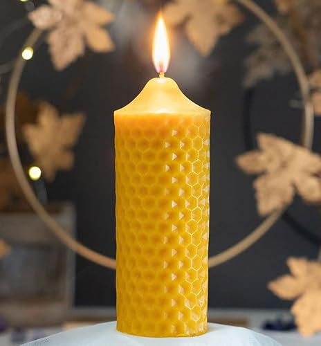 tea4chill Bienenwachskerze aus 100% Bienenwachs, Honigkerze, Stumpen Kerze Wabendesign 5,5x14,5cm, handgefertigt