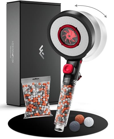 LOBENSWERK Duschkopf Schwarz Matt [3 Funktionen] mit natürlichen Mineralperlen für reines Wasser & Haut | Duschbrause druckerhöhend mit Booster-Modus + Ersatzperlen