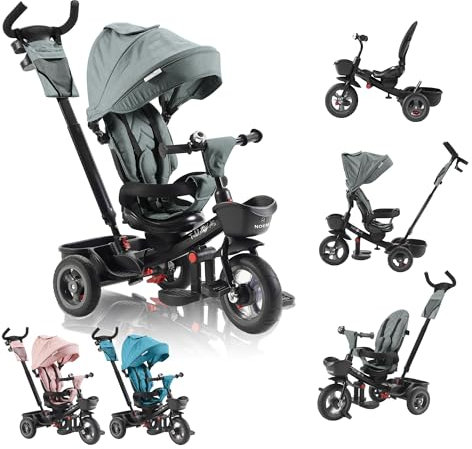 FableKids 5in1 Dreirad ab 9 Monate bis 25kg | Kinderdreirad mit Schubstange, 360° drehbarem Sitz, Verdeck mit Sonnenschutz, 3-Punkt-Gurt, PU-Reifen, Korb & Zubehör für Babys & Kleinkinder | Grau