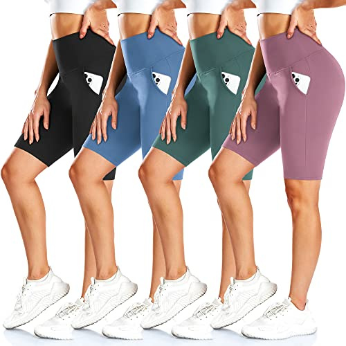 FULLSOFT 4 Pack Biker Shorts for Women – 8 High Waist Tummy Control Workout Yoga Running Compression Exercise Shorts with Pockets(4 Pack Black/Pink/Ins Green/Blue,Small-Medium)