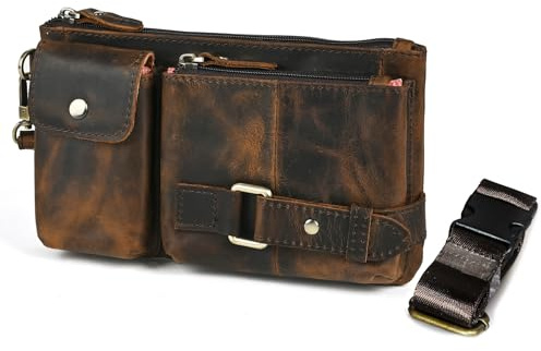 Handadsume Wasserfeste Leinwand Echtleder Wandern Reiten Reisen Fanny Pack Hüfttasche Kleine Telefon Tasche für Männer Frauen FB811-29 (100% Leder-X8135 Braun)