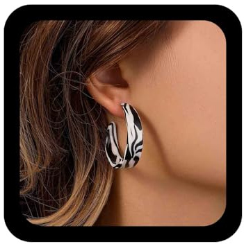 Inilbran Boucles D'oreilles Boho Noir Blanc Rayé Boucles D'oreilles Vintage Rayé À Carreaux Grandes Boucles D'oreilles En Forme De C Boucles D'oreilles En Acrylique Cerceau Grille Bijoux Pour Femmes