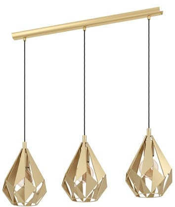 EGLO Pendellampe Carlton, 3-flammige Pendelleuchte über Esstisch | Hängeleuchte im Retro-Design aus Metall in Gold, Hängelampe mit E27 Fassung, L 80,5 cm