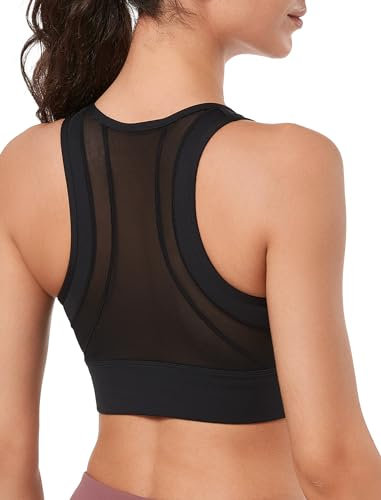 Yvette Damen Sport BH mit Vorderverschluss Mesh Ringerrücken volle Abdeckung Lauf Fitness Reiten Bra, Schwarz, L Große Größen