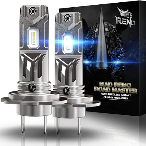 RENO H7 Bulb, H7 Fog Light 6500K White Fanless In Line Auxiliary Fog Bulbs Plug and Play, Pack of 2