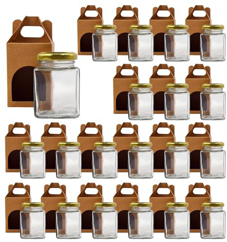Espirito Rebelde 20 x barattoli in vetro quadrato per spezie, 100 ml, con coperchio + 20 scatole kraft, barattoli portaoggetti da cucina, spezie, marmellata, yogurt